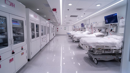 Empty Hospital Room With White Beds And Medical Equipmentの素材