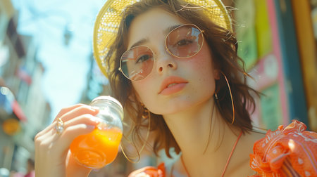 Woman in Straw Hat and Sunglasses Drinks Orange Juice on Sunny Dayの素材