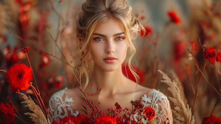 Blonde Woman in Red Flower Field During Golden Hourの素材