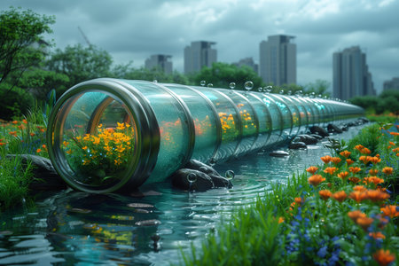 A Modern Glass Tunnel Pathway In A City Park With Flowersの素材