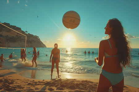 Women Playing Volleyball on a Sandy Beach at Sunsetの素材