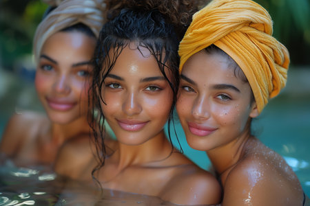 Three Women Relaxing In Swimming Pool With Towels On Their Headsの素材