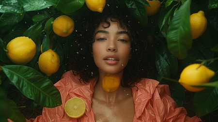 Woman Posing With Lemons Under a Lemon Treeの素材