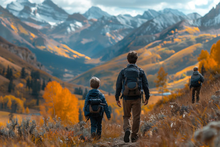 Father and Son Hiking Through Autumnal Mountain Landscapeの素材