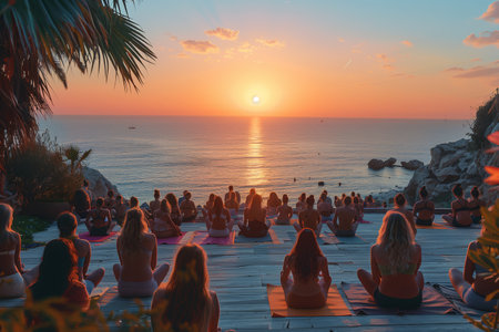 Large Group of People Practicing Yoga at Sunset on the Coastの素材