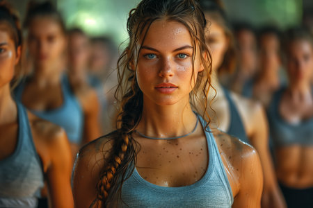 Woman With Wet Hair Looking Intently During Outdoor Workoutの素材