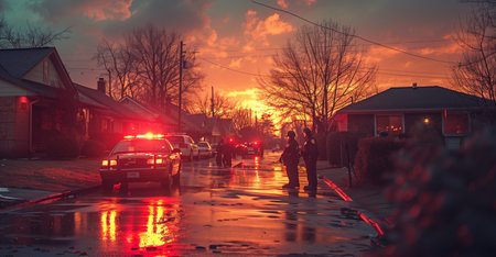 Police Car With Flashing Lights Parked on Wet Street at Sunsetの素材