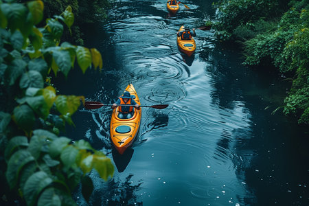Kayaking Down a Serene River Through Lush Green Foliageの素材