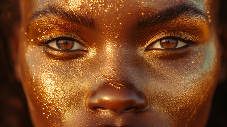 Close Up Of A Womans Face Covered In Gold Glitterの素材