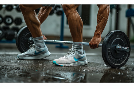 Closeup of Athlete Lifting Weights in Wet Gymの素材