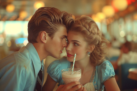 Young Couple Sharing a Milkshake at a Retro Dinerの素材