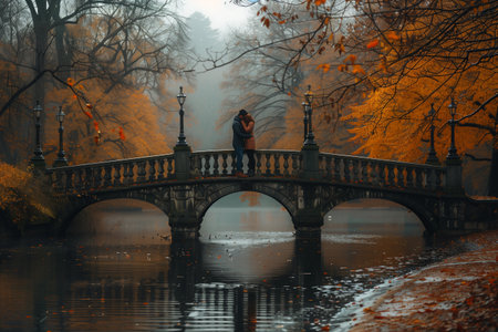 Couple Embracing on Stone Bridge in Autumnal Parkの素材