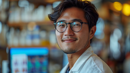 Young Man Wearing Glasses Smiles in Laboratory Settingの素材