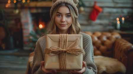 Woman Holding Wrapped Gift In Cozy Winter Settingの素材