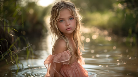 Young Girl in Pink Dress Sitting in Streamの素材