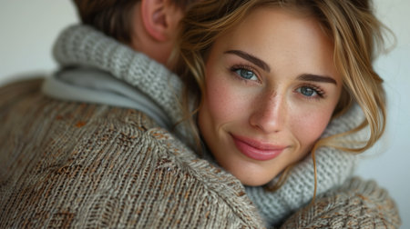 Close Up Portrait of a Woman Smiling While Hugging a Manの素材