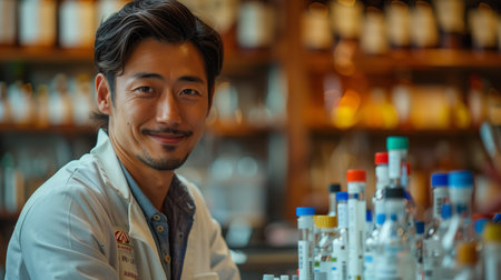 Smiling Male Scientist Working in a Laboratory With Test Tubesの素材