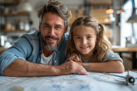 Happy Father and Daughter Planning a Trip With a Map and Toy Airplaneの素材
