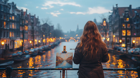 Artist Painting Canal Scene in Amsterdam at Duskの素材