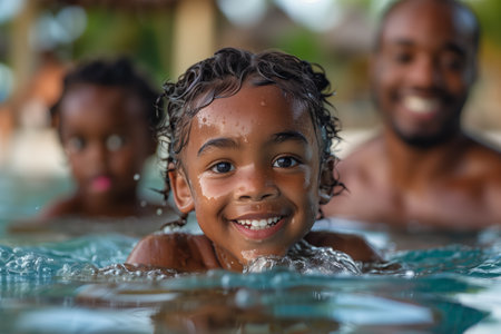 Young Boy Smiling While Swimming in a Pool on a Sunny Dayの素材