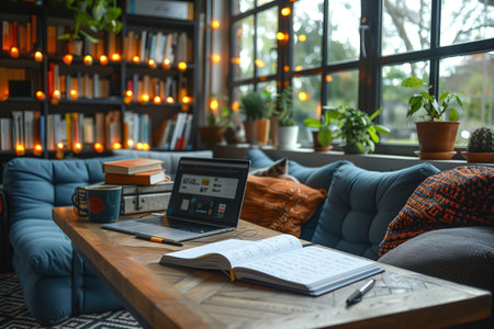 Cozy Study Space With Laptop, Books, and Natural Lightの素材