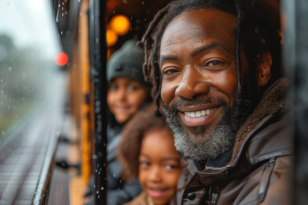 Happy Family Traveling by Train on a Rainy Dayの素材