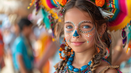 Young Girl With Skull Makeup At Day of the Dead Celebrationの素材