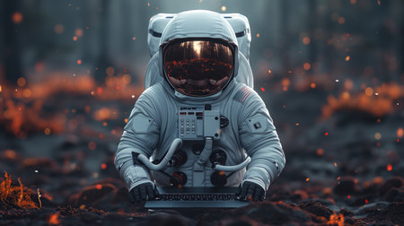 Astronaut Using Laptop in a Fire-Lit Forestの素材