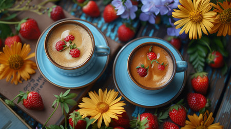 Two Cups of Coffee With Strawberries and Flowers on a Wooden Tableの素材