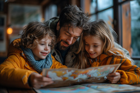 Father and Children Studying Map in Cozy Cafeの素材