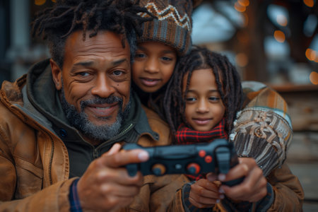 A Happy Father Plays Video Games With His Children Outdoorsの素材