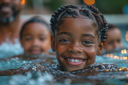 Smiling Young Girl With Braids Enjoys Summer Day Swimming in a Poolの素材