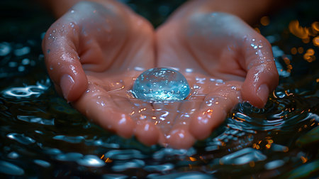 Wet Hands Holding a Blue Glass Orb in Waterの素材