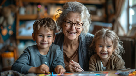 Grandmother And Grandchildren Smiling At The Camera While Doing An Activity Together In A Homeの素材