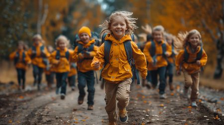 Happy Children Running Through Autumn Forestの素材