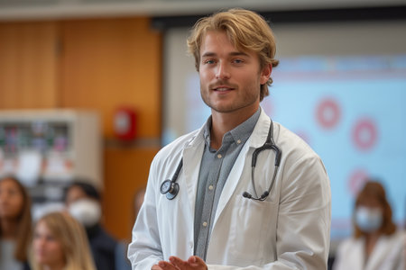 Young Male Doctor Presenting to Medical Students in Classroomの素材