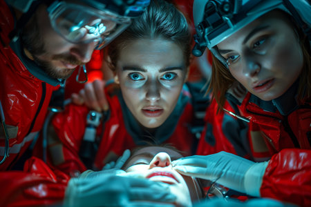 Emergency Medical Team Attending To Injured Patient In Red Uniformsの素材