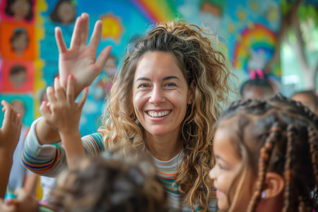 Smiling Teacher High-Fives Young Students in Colorful Classroomの素材