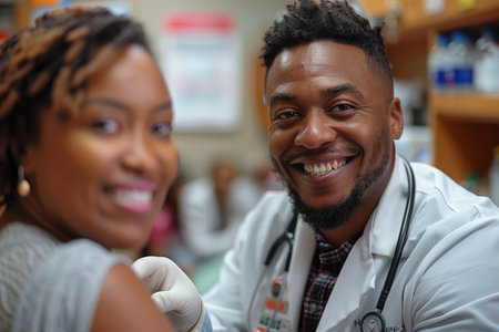 Male Doctor Administering Vaccine to Female Patient in Clinicの素材