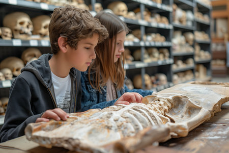Two Children Examining Animal Skeleton In Museum Exhibitの素材