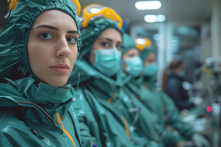 Young Woman In Protective Gear Stands In Line With Other Workersの素材