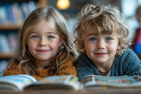 Young Boy and Girl Reading Books in a Library Settingの素材