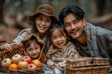 Happy Family Portrait During Autumn Picnic in the Woodsの素材
