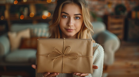 Young Woman Holding a Gift Wrapped in Brown Paper and Twine in a Cozy Living Roomの素材