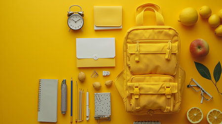 Yellow Backpack With School Supplies and Fruit on a Yellow Backgroundの素材