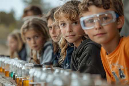 Young Scientists Observing Experiment With Glass Jarsの素材