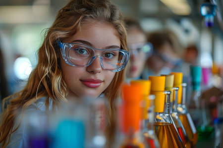 Young Woman Wearing Safety Glasses in Chemistry Labの素材
