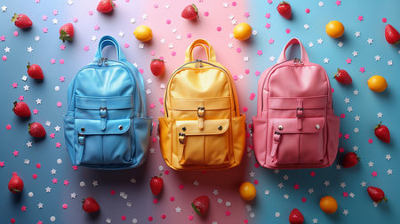 Three Colorful Backpacks on a Multicolored Background With Strawberries and Confettiの素材
