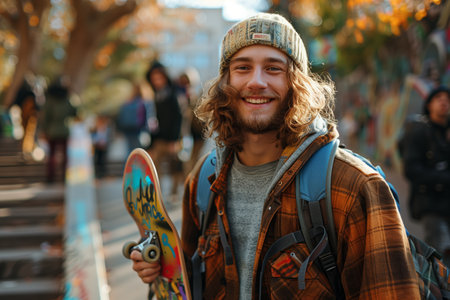 Young Man With Long Hair and Knit Hat Smiles While Holding Skateboard in Urban Settingの素材