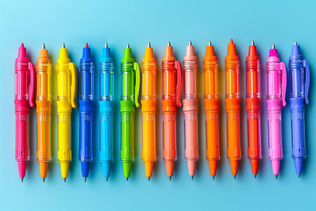 Row of Colorful Pens on a Blue Backgroundの素材